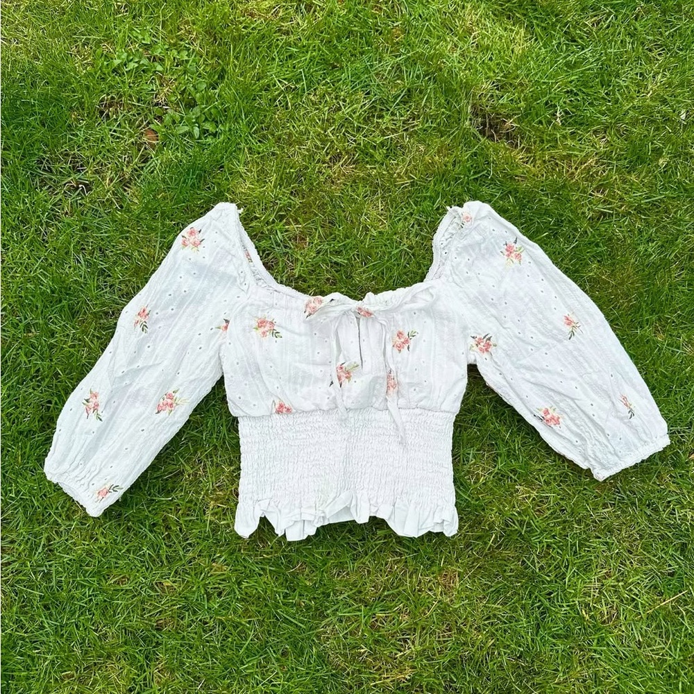 White Cropped Pink Floral Embroidered Mid-Sleeve Top
